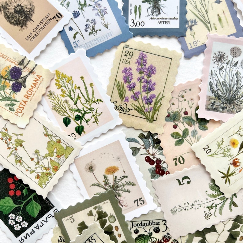 K&ouml;nnte beinhalten: Eine Sammlung von botanischen Briefmarken im Vintage-Stil mit verschiedenen Blumen und Pflanzen. Die Briefmarken sind auf Papier mit gewelltem Rand gedruckt und haben unterschiedliche Werte aufgedruckt. Einige der Briefmarken haben Text in anderen Sprachen, darunter "Posta Romana" und "Jordgubbar".