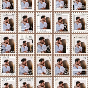 May include: A sheet of vintage-style postage stamps featuring a couple embracing. The stamps are printed on a brown background with white borders and feature various denominations, including 25c, 50c, 45c, 75, 16c, 30c, 20c, 22c, 30, 85, 29c, 20c, 20p, 5c, 55c, 150, and 25c. The stamps also feature dates, such as 11.04.25, and text like "POST" and "AIR MAIL".