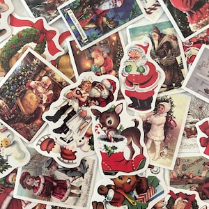 50 Vintage Christmas Stickers - Santa Reindeer Snowman Stickers - Glossy Finish - Scrapbooking, Hydro Flask, Laptop! FUN!  #0045