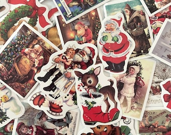 May include: A collection of vintage Christmas stickers featuring various holiday scenes, including a reindeer, Santa Claus, a Christmas tree, and a snowman. The stickers have a festive red, green, and white color scheme and include the text "A Happy Christmas", "Merry Christmas", and "Jolly Christmas".