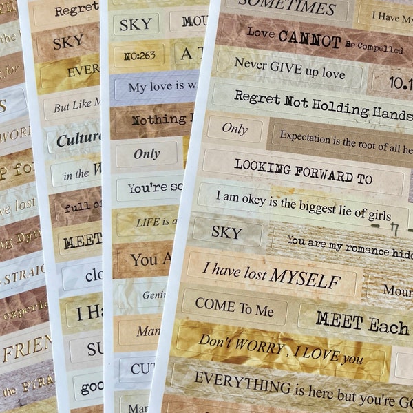 4 Sheets Black/Gold Print Word Phrase Stickers - 50+ Phrases Per Page - Smaller Fonts SEE PICTURE - Great for Scrapbooking, Journals!  #309