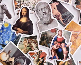 May include: A collection of colorful stickers featuring various images, including a portrait of a woman, a bust of a man with a beard, a starry night sky, a woman in a blue dress, and a horse and rider.