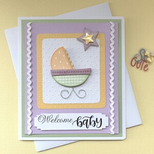 Cartão de boas-vindas para bebê, cartão de scrapbooking, carrinho de bebê, chá de bebê