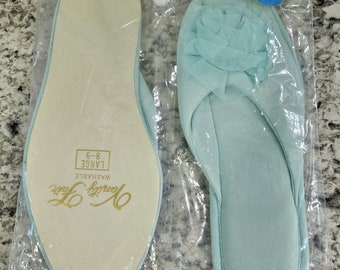 New Vintage Vanity Fair Slippers Size Large Blue Chiffon Rosette Puff Flats