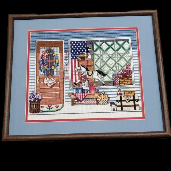 Vintage 16"x19" Framed Matted No Glass Detailed Needlepoint Americana