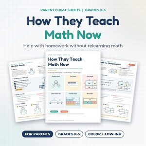 May include: Three educational cheat sheets for parents with the title How They Teach Math Now, Grades K-5. The pages feature diagrams for number bonds, ten frames, area models, open number lines, and fraction strips with instructional text.