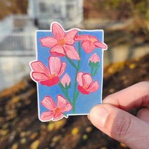 Sticker fleurs sauvages roses, sticker imperméable pour tasse, mat ou brillant, sticker fleurs sauvages peint à la main, sticker fleurs roses petit