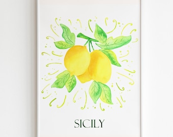 Sicily Lemon Watercolor Art Print: Italian Travel Poster