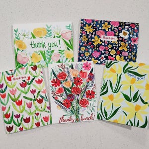 Paquete de 5 tarjetas de agradecimiento, juego de tarjetas de agradecimiento surtidas, juego de 5 tarjetas de arte floral, tarjetas de agradecimiento surtidas, paquete de tarjetas de agradecimiento de acuarela