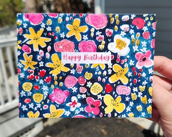 Aquarelle de carte d'anniversaire, carte d'anniversaire florale, carte d'anniversaire pour elle, fleurs d'aquarelle de carte d'anniversaire, carte d'anniversaire florale abstraite bleue