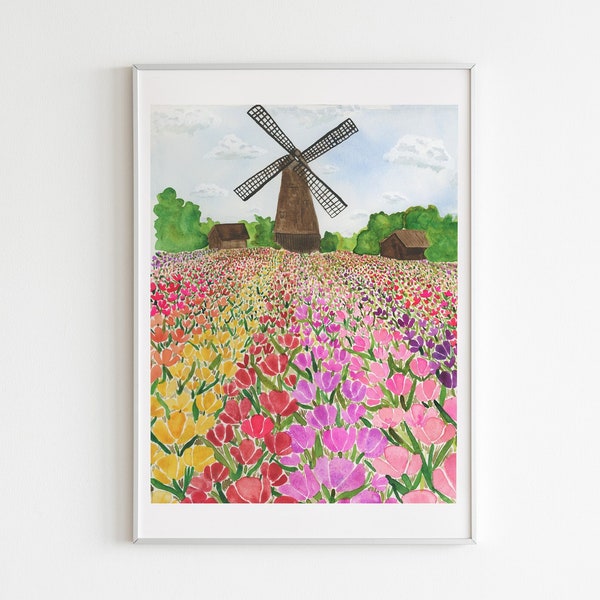 Amsterdam Tulip Art | Netherlands Windmill Wall Decor | Pink Tulip painting | watercolor landscape print |  Holland flower art | travel art
