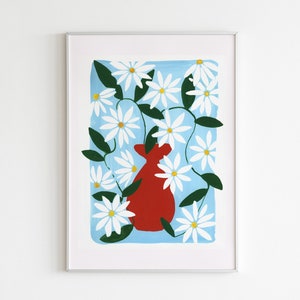 Impresión botánica abstracta brillante, impresión artística de margaritas, póster floral abstracto, póster con impresión botánica, arte de pared de margaritas blancas, pintura de jarrón de flores