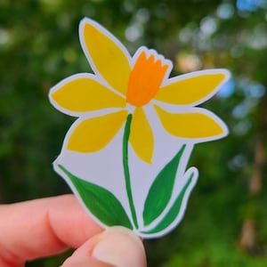 Sticker jonquille jaune 2 x 5 pouces, sticker imperméable pour tasse, mat ou brillant, sticker fleur peint à la main, sticker fleur jaune petit