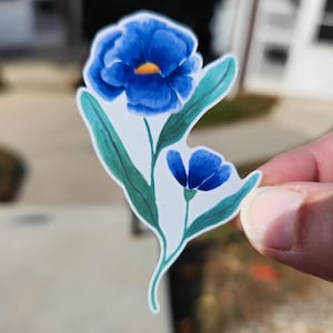 Sticker fleurs sauvages bleu foncé, vinyle autocollant fleur imperméable, mat ou brillant, sticker fleurs sauvages peint à la main, petit sticker fleur bleue