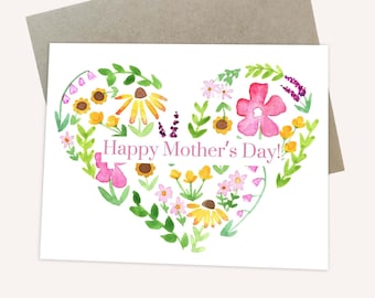 Mother's Day watercolor card handmade, mother's day card floral, flower heart watercolor mothers day card, mothers day card with flowers