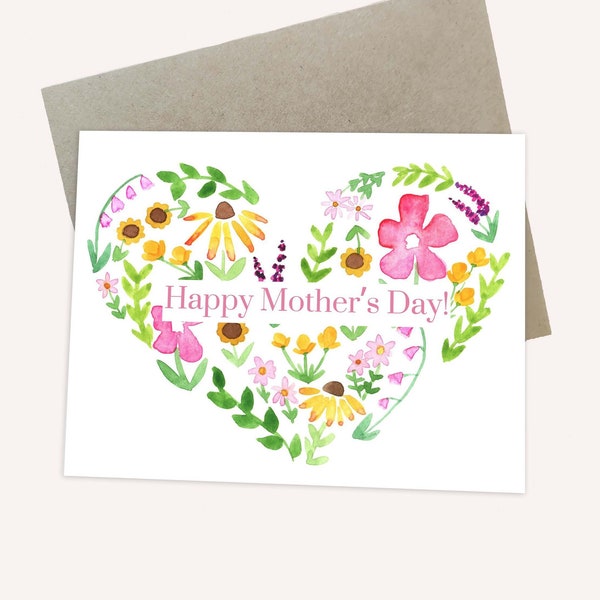 Mother's Day watercolor card handmade, mother's day card floral, flower heart watercolor mothers day card, mothers day card with flowers