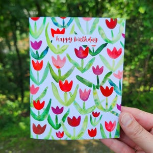 Verjaardagskaart tulp, aquareltulpen, verjaardagskaart tulpen, aquarel bloemen verjaardagskaart voor haar, verjaardagskaart voor dochter, rode tulp