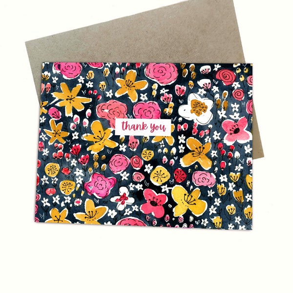 Thank you card set spring flower design, thank you cards illustrated, hand illustrated cards with flowers, botanical thank you card pack
