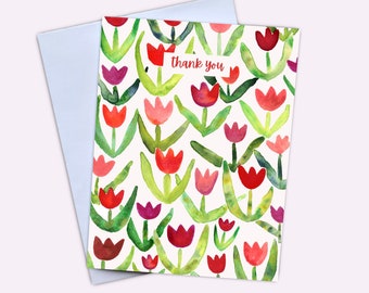 Thank you card set tulip design, 5 thank you cards illustrated, hand illustrated cards with tulips, Holland tulip cards, thank you card pack