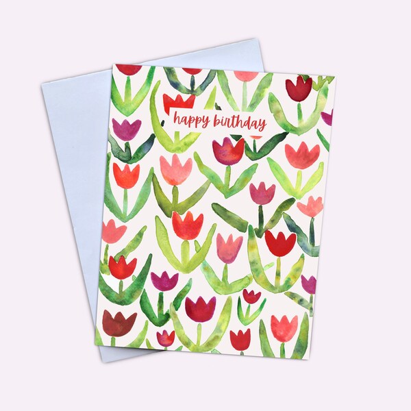 Tulip birthday card, floral birthday card with tulip illustration, gift for gardeners, botanical birthday card, watercolor birthday for her