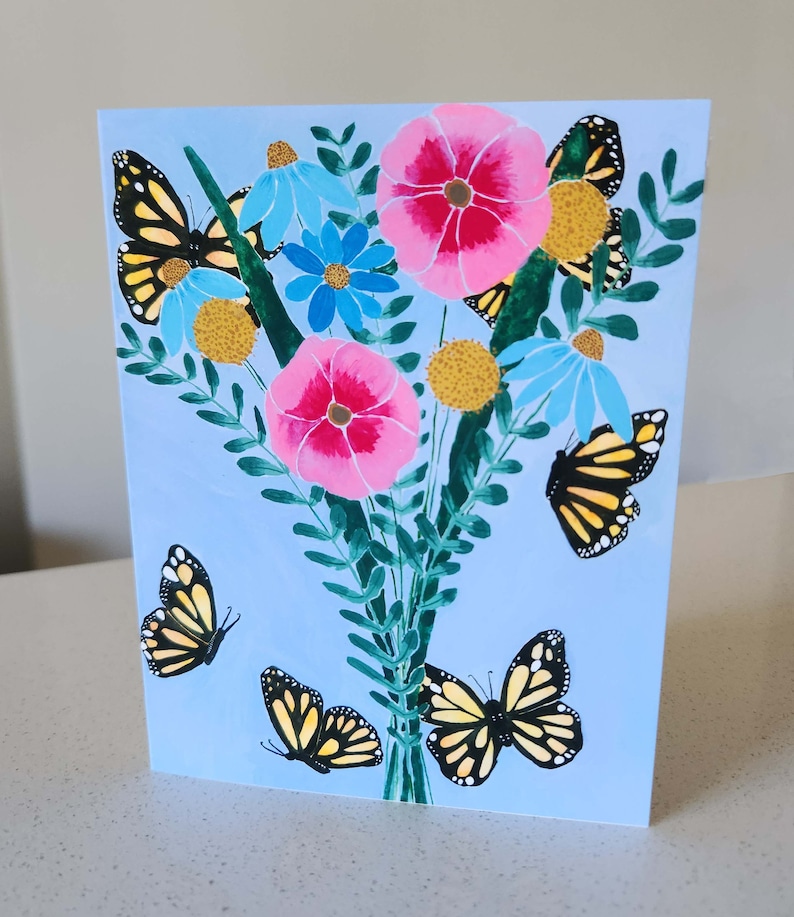 Watercolor Butterfly Bouquet Card, Painted Flower Greeting Card Blank ...
