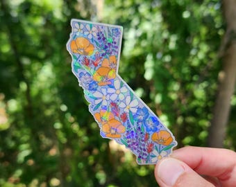 Holographic California state wildflower sticker, California sticker, waterproof sticker for cup, California poppy, Golden State sticker cali