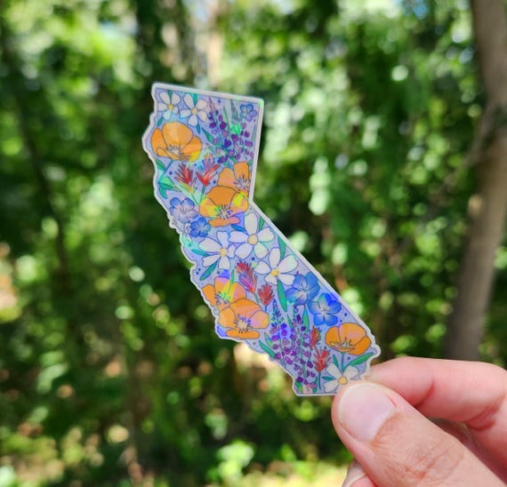 Holographic California state wildflower sticker, California sticker, waterproof sticker for cup, California poppy, Golden State sticker cali
