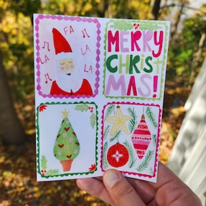 Cartão de selo de Natal, conjunto de cartões ilustrados de Natal, cartão de feliz Natal com letras feitas à mão, cartão de Natal ilustrado rosa e verde