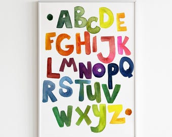 Aquarel alfabet kunstafdruk: regenboog kinderkamer muurdecoratie