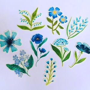 Stickerpakket aquarelbloemen van 9, geïllustreerde blauwe wilde bloemenstickers, waterdichte stickerset, vinylstickerpakket, stickerpakket kunstenaar