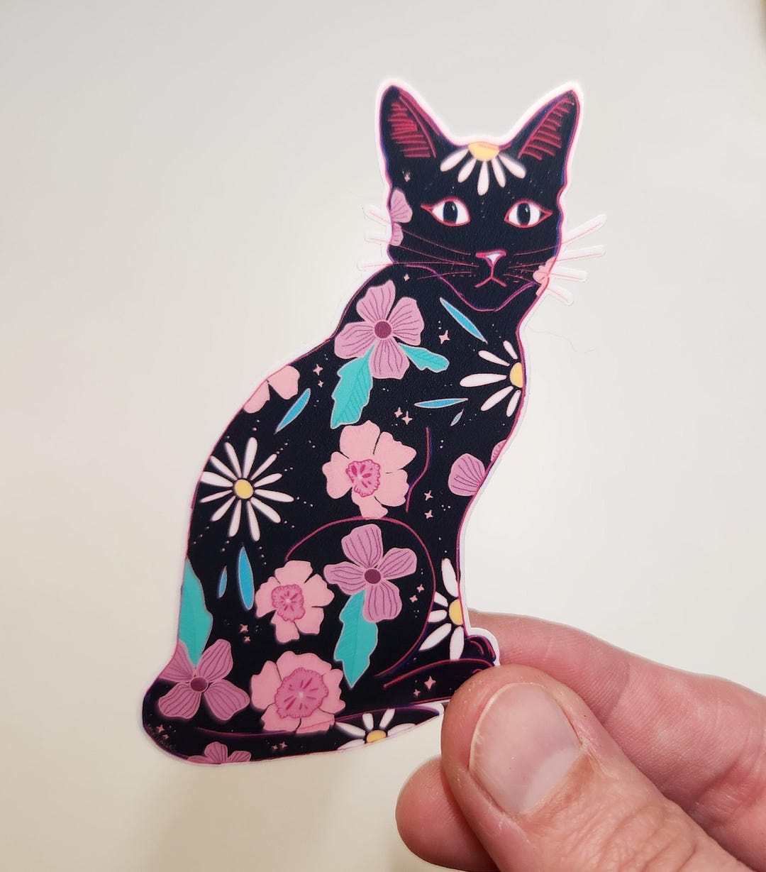 Boho Floral Black Cat Sticker 3x1.75 Inches - Etsy