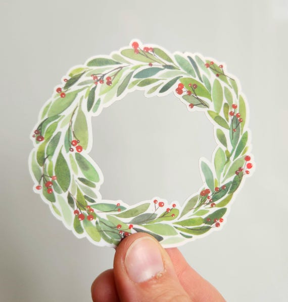 Christmas wreath sticker, weatherproof watercolor painted holiday stickers