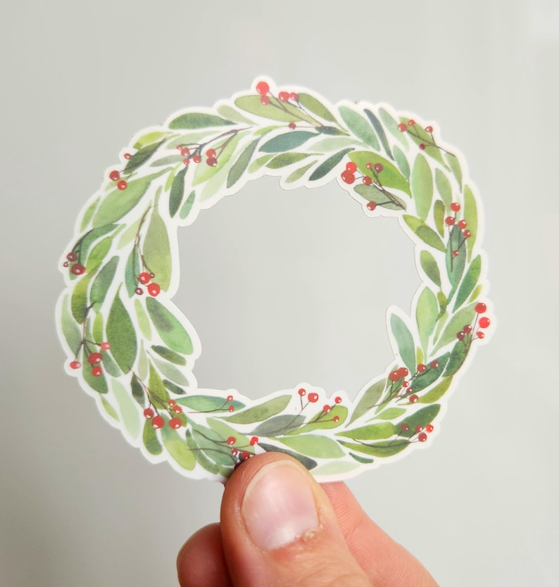 Christmas wreath sticker, holiday wreath sticker, winter wreath sticker, Christmas sticker, holiday sticker, winter sticker, wreath sticker, vinyl sticker, waterproof sticker, gift sticker, christmas gift, stocking stuffer sticker, illustrated sticker, watercolor sticker, watercolor christmas wreath, sticker shop, handmade art