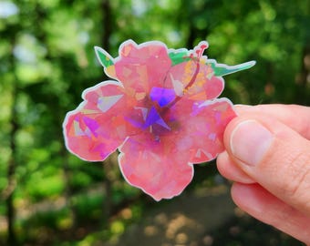 Aquarel tropische hibiscus sticker, holografische waterdichte sticker, bloem sticker, bloemen sticker vinyl roze