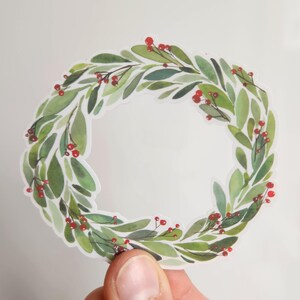 Christmas wreath sticker, holiday wreath sticker, winter wreath sticker, Christmas sticker, holiday sticker, winter sticker, wreath sticker, vinyl sticker, waterproof sticker, gift sticker, christmas gift, stocking stuffer sticker, illustrated sticker, watercolor sticker, watercolor christmas wreath, sticker shop, handmade art
