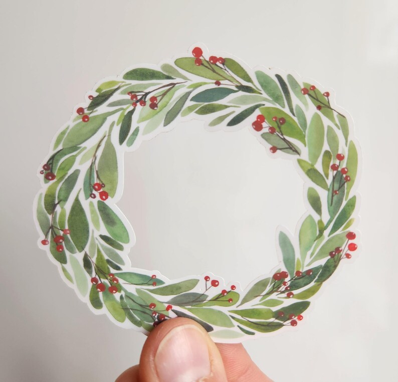 Christmas wreath sticker, holiday wreath sticker, winter wreath sticker, Christmas sticker, holiday sticker, winter sticker, wreath sticker, vinyl sticker, waterproof sticker, gift sticker, christmas gift, stocking stuffer sticker, illustrated sticker, watercolor sticker, watercolor christmas wreath, sticker shop, handmade art