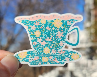 Floral Teacup Sticker: Teal Waterproof Vinyl Decal