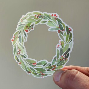 Christmas wreath sticker, holiday wreath sticker, winter wreath sticker, Christmas sticker, holiday sticker, winter sticker, wreath sticker, vinyl sticker, waterproof sticker, gift sticker, christmas gift, stocking stuffer sticker, illustrated sticker, watercolor sticker, watercolor christmas wreath, sticker shop, handmade art