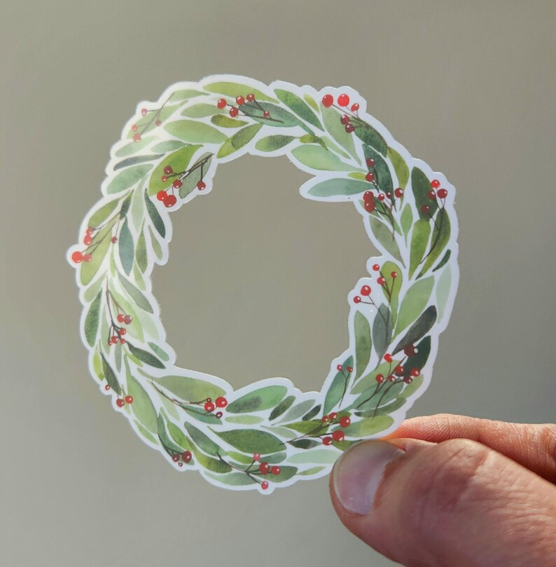 Christmas wreath sticker, holiday wreath sticker, winter wreath sticker, Christmas sticker, holiday sticker, winter sticker, wreath sticker, vinyl sticker, waterproof sticker, gift sticker, christmas gift, stocking stuffer sticker, illustrated sticker, watercolor sticker, watercolor christmas wreath, sticker shop, handmade art
