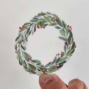 Christmas wreath sticker, holiday wreath sticker, winter wreath sticker, Christmas sticker, holiday sticker, winter sticker, wreath sticker, vinyl sticker, waterproof sticker, gift sticker, christmas gift, stocking stuffer sticker, illustrated sticker, watercolor sticker, watercolor christmas wreath, sticker shop, handmade art