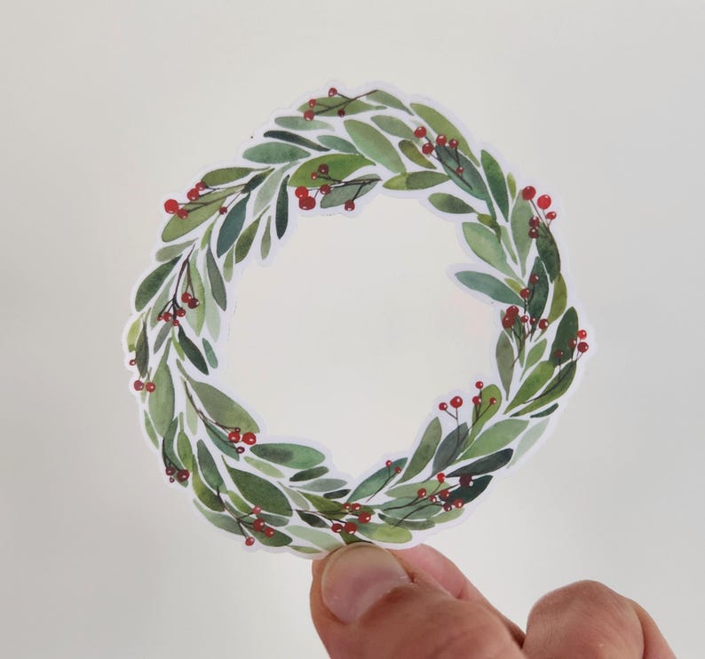 Christmas wreath sticker, holiday wreath sticker, winter wreath sticker, Christmas sticker, holiday sticker, winter sticker, wreath sticker, vinyl sticker, waterproof sticker, gift sticker, christmas gift, stocking stuffer sticker, illustrated sticker, watercolor sticker, watercolor christmas wreath, sticker shop, handmade art