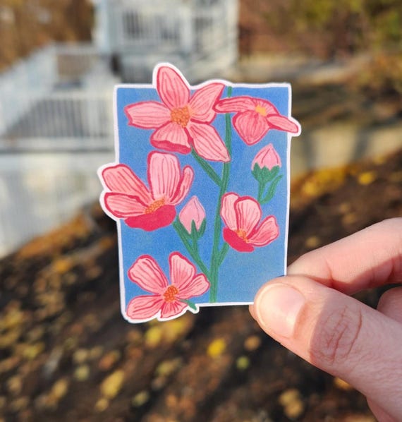 Pink wildflower sticker, painted flower stickers