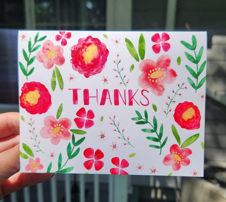 Watercolor Floral Pink Thank You Card - Etsy