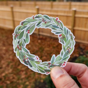 Christmas wreath sticker, holiday wreath sticker, winter wreath sticker, Christmas sticker, holiday sticker, winter sticker, wreath sticker, vinyl sticker, waterproof sticker, gift sticker, christmas gift, stocking stuffer sticker, illustrated sticker, watercolor sticker, watercolor christmas wreath, sticker shop, handmade art