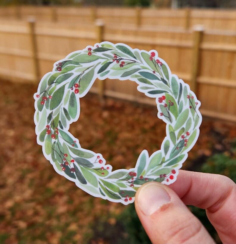 Christmas wreath sticker, holiday wreath sticker, winter wreath sticker, Christmas sticker, holiday sticker, winter sticker, wreath sticker, vinyl sticker, waterproof sticker, gift sticker, christmas gift, stocking stuffer sticker, illustrated sticker, watercolor sticker, watercolor christmas wreath, sticker shop, handmade art