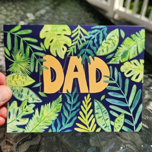 Dia dos pais tropical feito à mão, cartão de dia dos pais para o pai, cartão pintado à mão para o pai, cartão de dia dos pais da selva, cartão de dia dos pais da filha