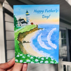 Carte de fête des pères côtière faite main, carte de fête des pères illustrée, carte de fête des pères phare. carte de fête des pères de sa fille, carte pour papa