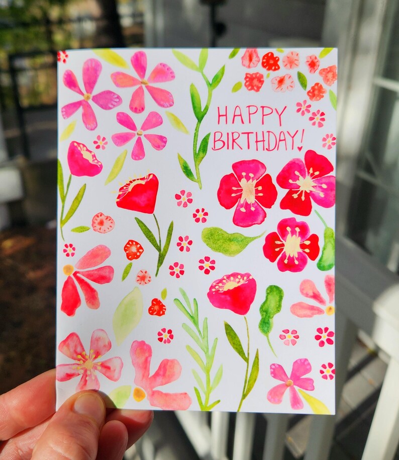 Pink Petal Bloom Floral Birthday Card, Watercolor Flower Bday Card - Etsy