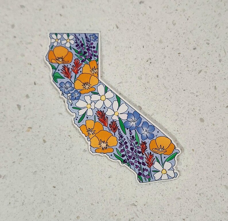 California, California sticker, California wildflowers, California poppy, California poppies, Los Angeles, San Francisco, Sacrament, San Jose, stickers, vinyl stickers, waterproof stickers, stickers for water bottles, California flowers California flower sticker, state stickers, NorCal, NorCal stickers, orange poppy, California orange poppy, sticker shop, etsy art shop, stickers, gift, gifts, gifts for her, gifts for teenager, gifts for girl, sticker gifts