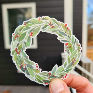 Christmas wreath sticker, holiday wreath sticker, winter wreath sticker, Christmas sticker, holiday sticker, winter sticker, wreath sticker, vinyl sticker, waterproof sticker, gift sticker, christmas gift, stocking stuffer sticker, illustrated sticker, watercolor sticker, watercolor christmas wreath, sticker shop, handmade art
